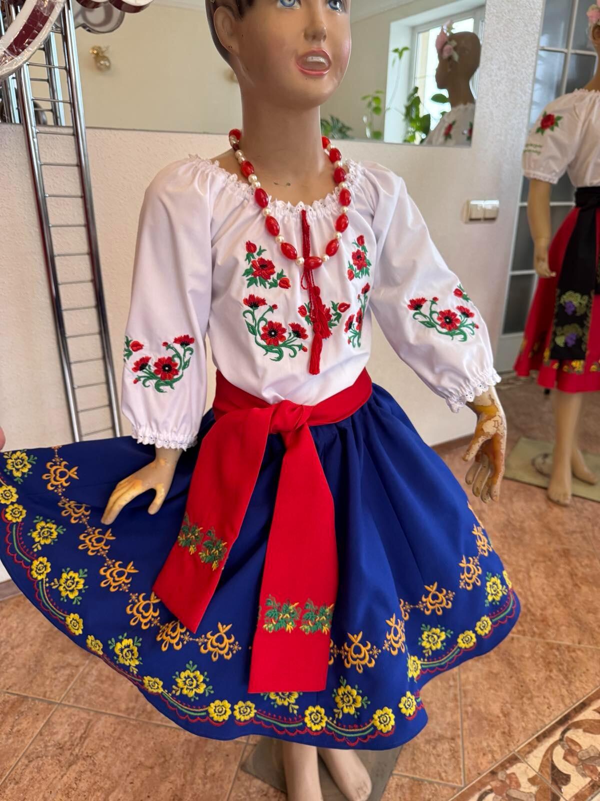 Benefis J 0113 Moldovan National Skirt Set of 2 for Girls, Blue with Floral Embroidery, Natural Materials, includes Tulle Petticoat