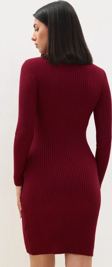 Rochie Pulover ESFASHION cu Guler Înalt, Culoare Vișiniu, Croială Slim Fit din Tricot Canelat din Amestec de Cașmir și Lână, Mărime Universală, Lungime 85cm