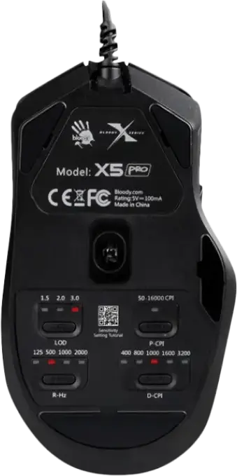 Bloody X5 Pro Wired Gaming Mouse, PixArt PMW3389 16000 CPI Sensor, 2000Hz Polling Rate, Driver-Free Hardware Tuning, RGB, 50M Clicks