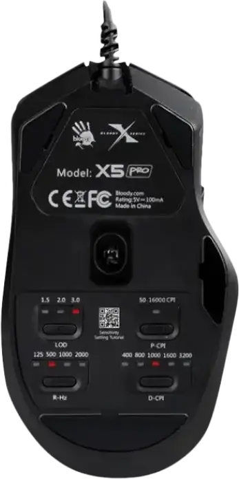 Bloody X5 Pro Wired Gaming Mouse, PixArt PMW3389 16000 CPI Sensor, 2000Hz Polling Rate, Driver-Free Hardware Tuning, RGB, 50M Clicks