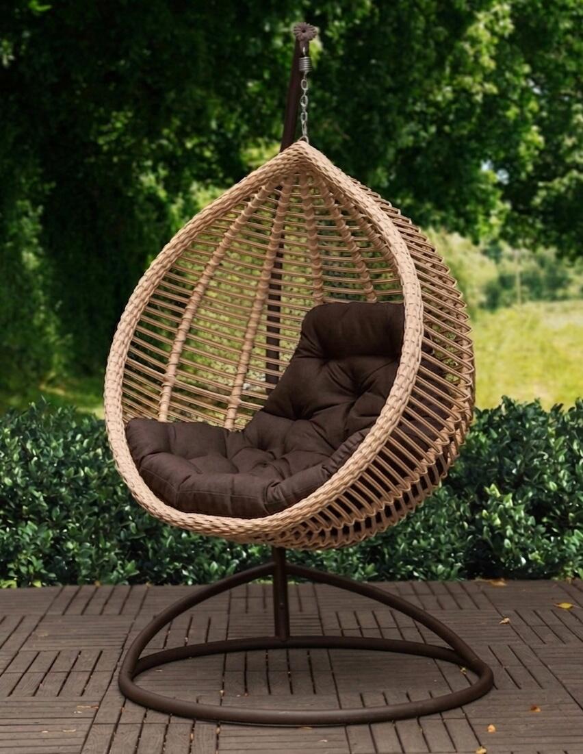 Set de 3 piese Scaun Legana Suspendata din Rattan cu Stativ si Perna, Forma de Ou, Bej, 1050x730x1200mm, Suporta pana la 110kg