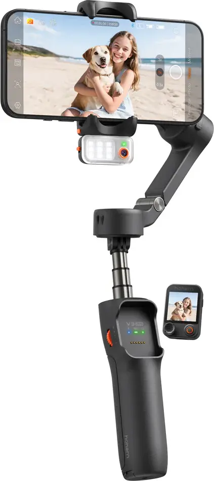 Hohem iSteady V3 Ultra 3-Axis Smartphone Gimbal Stabilizer with Detachable Touchscreen Remote, AI Tracking, Fill Light and Extension Rod - Shadow Black