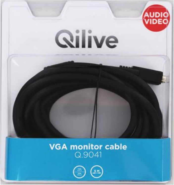 Cablu Monitor VGA Qilive Q.9041, Conector 15 pini D-Sub Tata-Tata, Lungime 5m, Dublu Ecranat cu Nuclee de Ferita, Suport Full HD, Negru