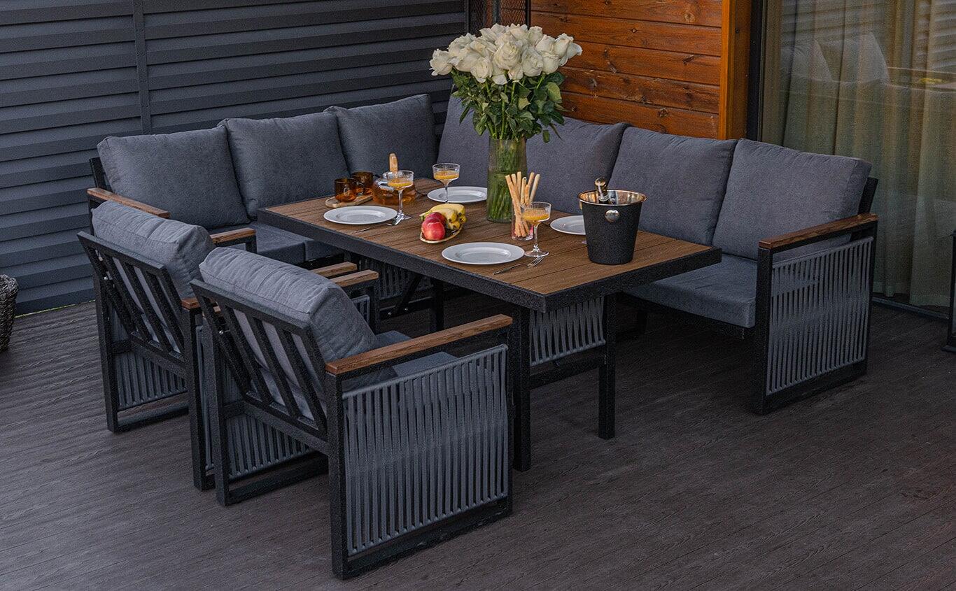 Set Mobilier Grădină YAKAMOZ Premium Loft, 1 Canapea Colț Reversibilă, 2 Fotolii, 1 Masă, 8 Saltele, 8 Perne, Cadru Metal, Detalii Sfoară, Negru