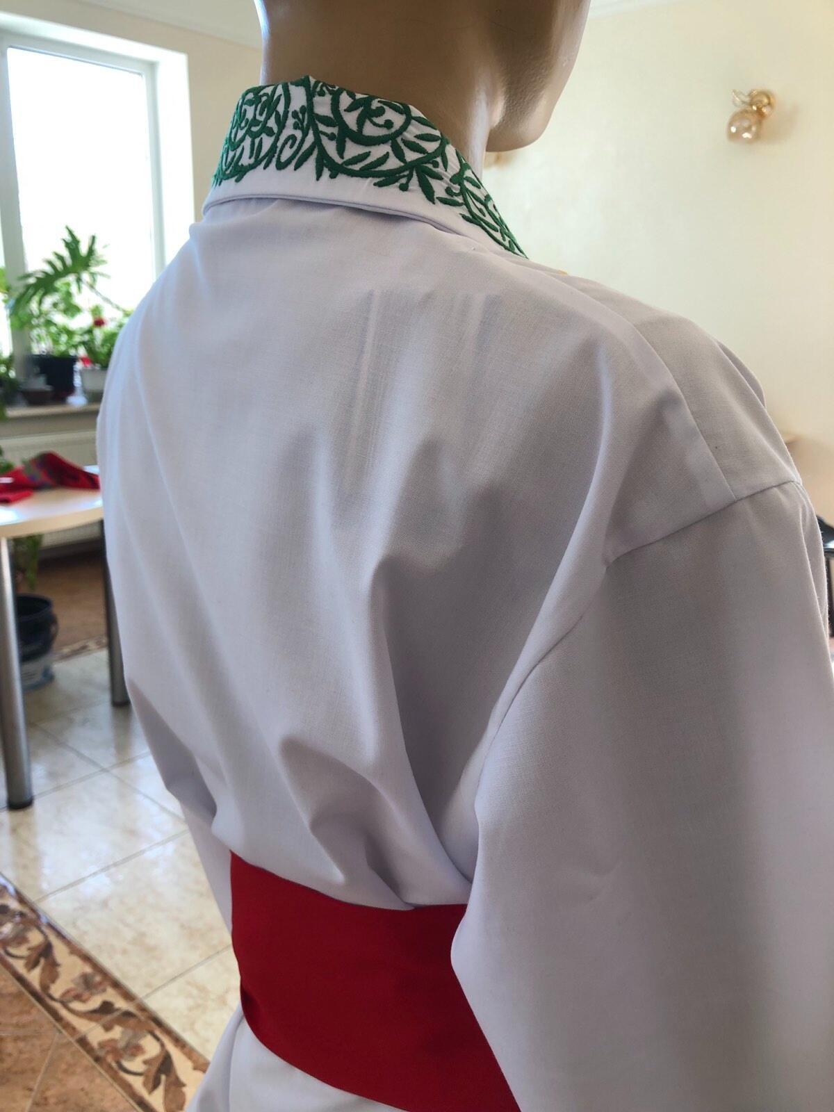 Benefis J 0382(6045) National Moldavian Boy's Shirt, White Magpie Fabric, Long Sleeve with Green and Yellow Machine Embroidery and Red Tassel Tie