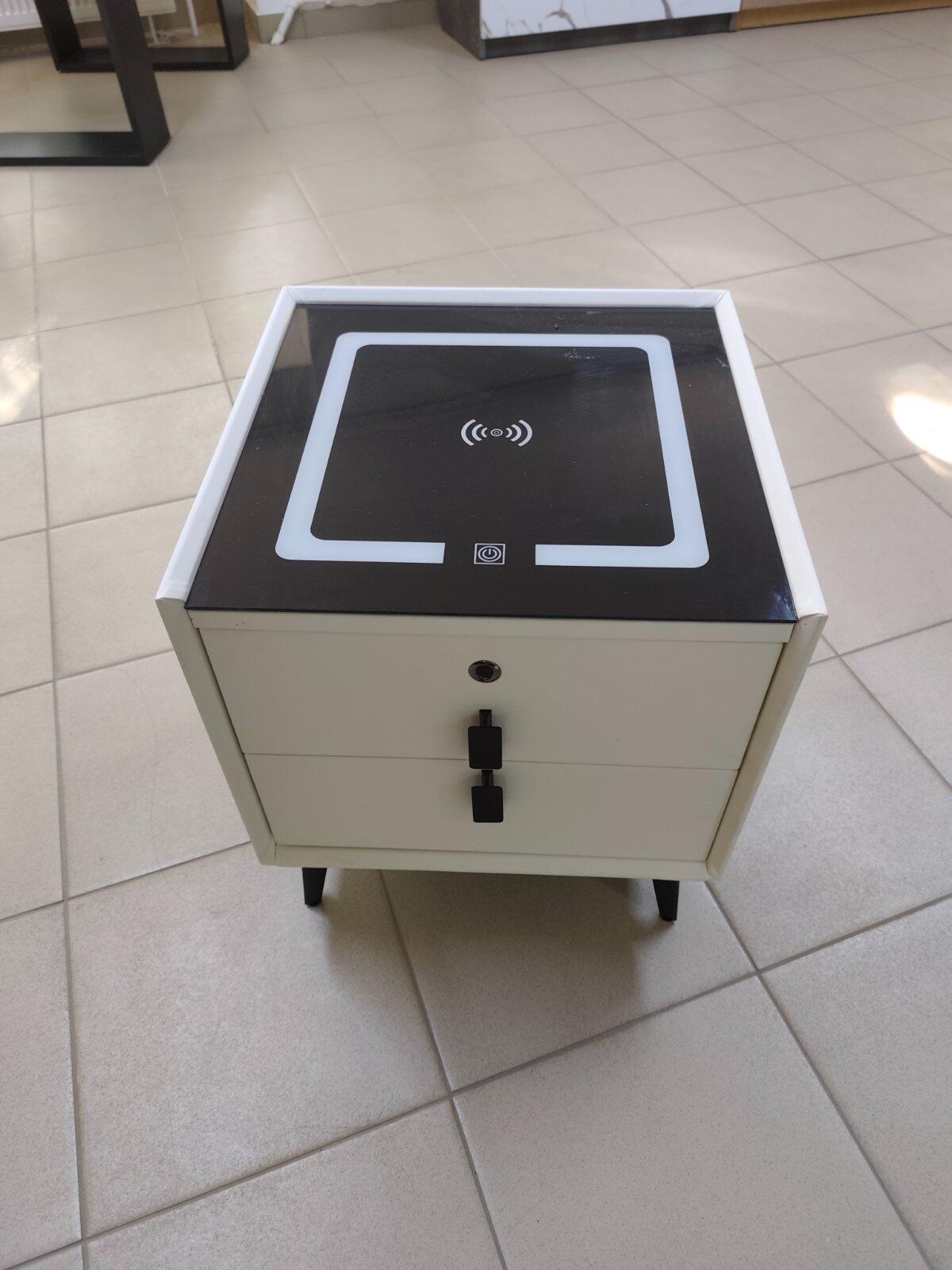 Smart Bedside Table Nightstand with Fingerprint Lock, Wireless Charging, Bluetooth Speakers, USB and Type-C Ports, LED Light, Wood and Glass