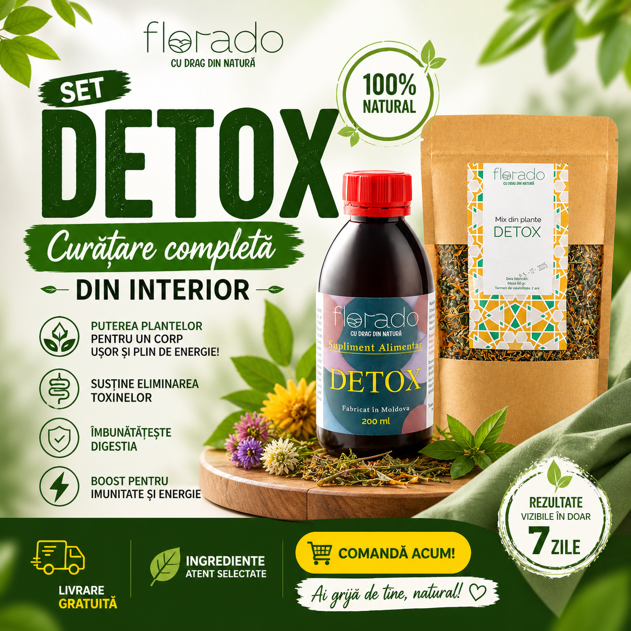 Set Detox Florado - Kit Natural pentru Purificarea Organismului cu Mix de Plante 60g și Supliment Alimentar Lichid 200ml pentru Ficat și Rinichi