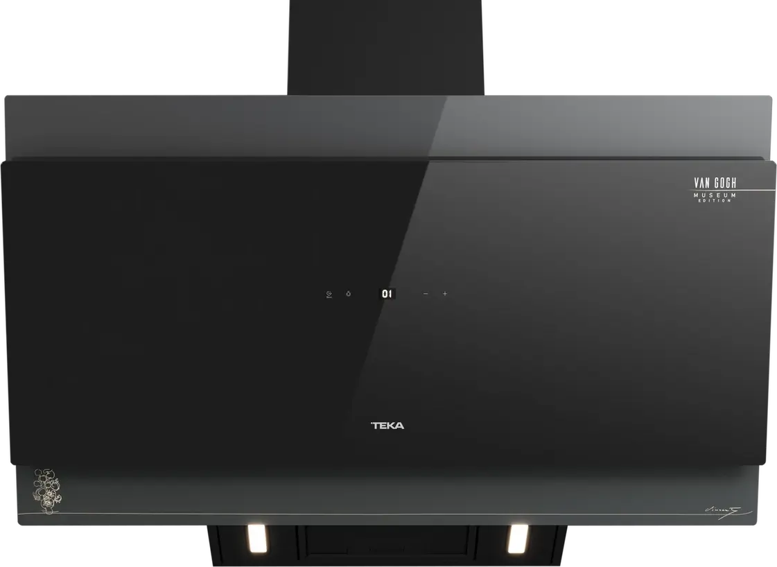 Hota Decorativă Verticală Teka DVT-VG 98660 Ediție Van Gogh Museum, Sticlă Neagră și Oțel Champagne, 900mm, Motor EcoPower, Control Touch, Iluminare LED
