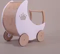 Căruțas pentru Păpuși și Walker din Lemn pentru Bebeluși, Gri, Jucărie de Rol din Lemn Masiv cu Roți cu Cauciuc, Design cu Coroană, Personalizabil cu Nume