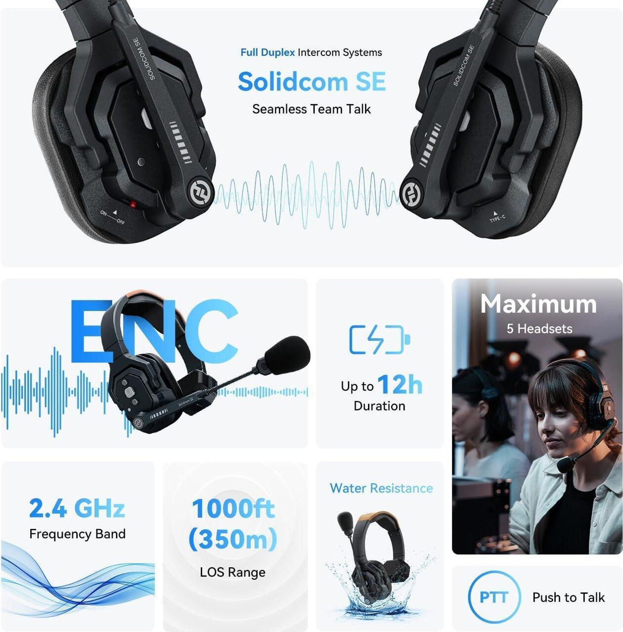 Sistem Intercom Wireless Full-Duplex Hollyland Solidcom SE-4S, 2.4GHz, Anulare Zgomot Dual-Mic ENC, Rază 350m, Rezistență la Apă IPX5