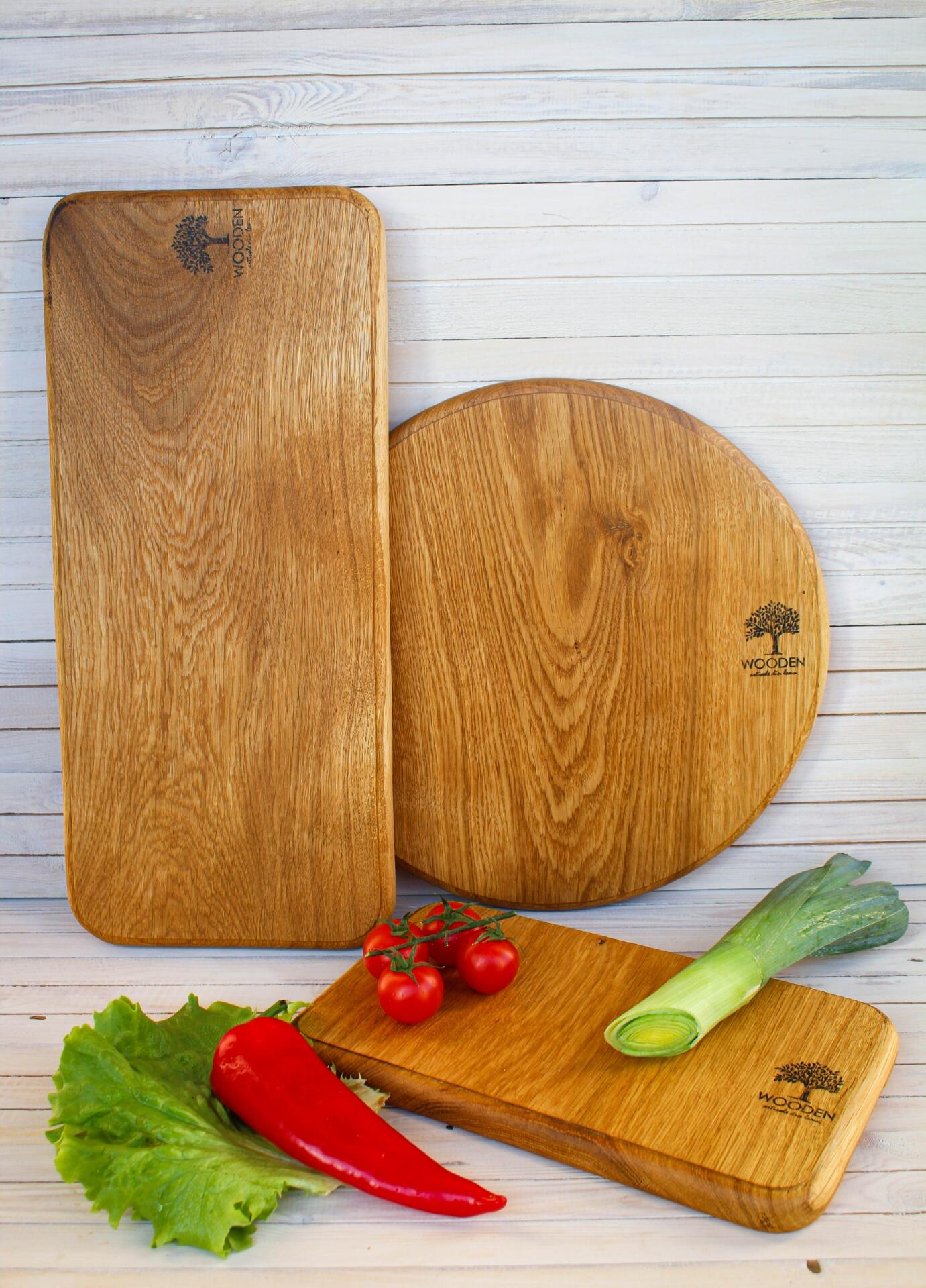 WOODEN "Complete" Chopper Set, 3 Solid Oak Wood Cutting Boards with Solid Wood Stand, Food-Safe Linseed Oil and Beeswax Finish, for Cutting and Serving