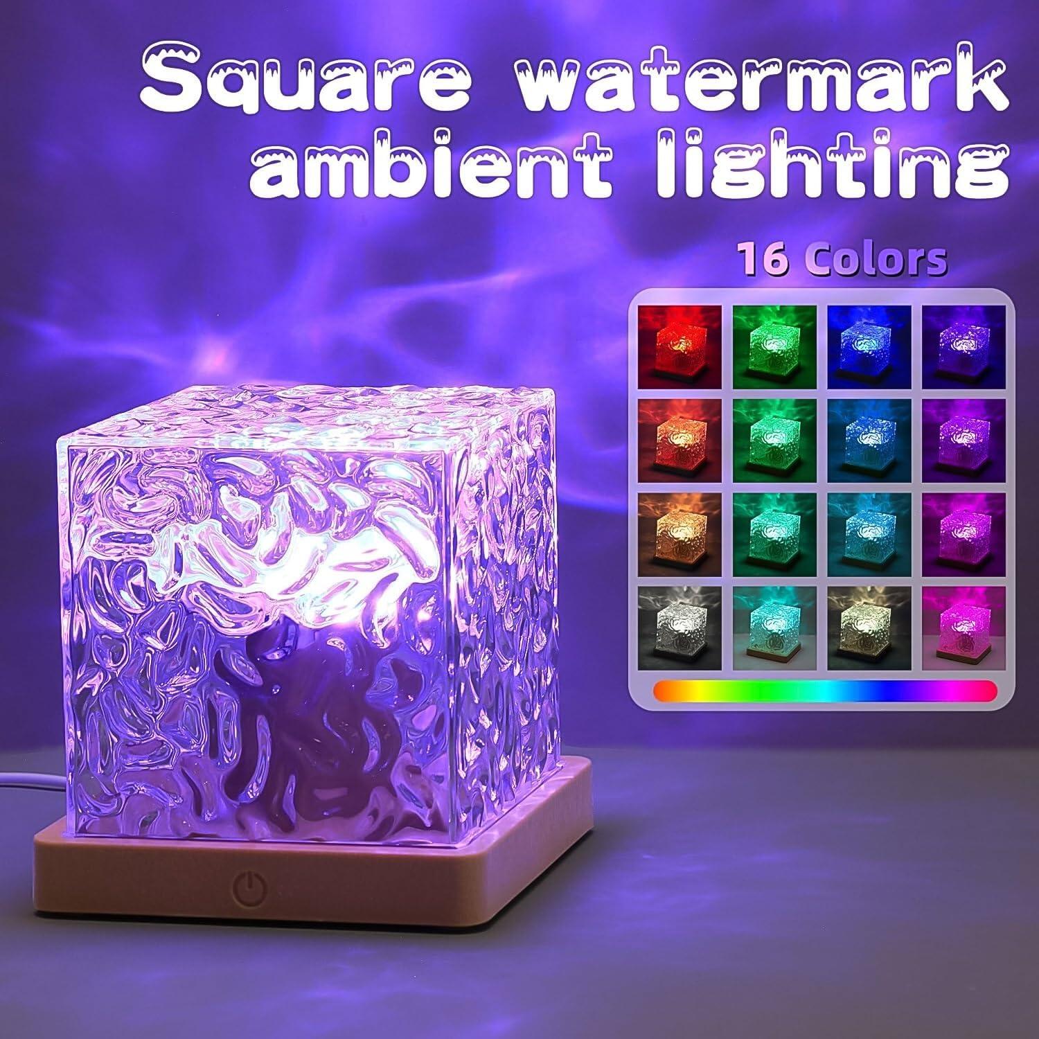 Cube Northern Lights Night Light Projector, 16 RGB Colors, Aurora & Water Ripple Effect, Crystal Acrylic LED Lamp, Remote Control, USB Rechargeable