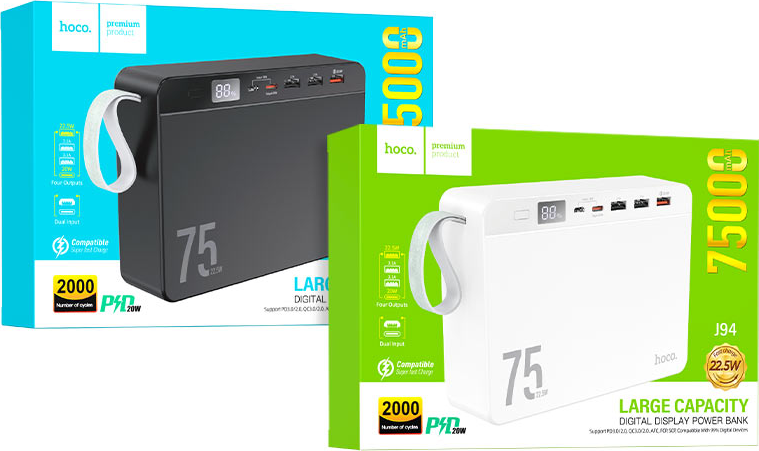 Hoco J94 Overlord Power Bank 75000mAh 22,5W Încărcare rapidă PD QC SCP Baterie externă cu afișaj LED și 4 ieșiri USB - Negru