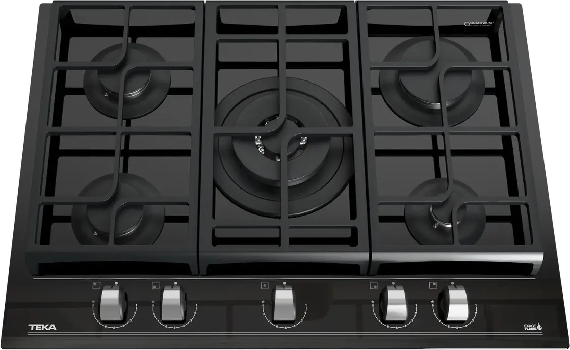 Teka GZC 75330 Gas on Glass Hob, 5 Burners with ExactFlame Control, SABAF High-Efficiency Burners, Cast Iron Grids, Night River Black Ceramic Glass