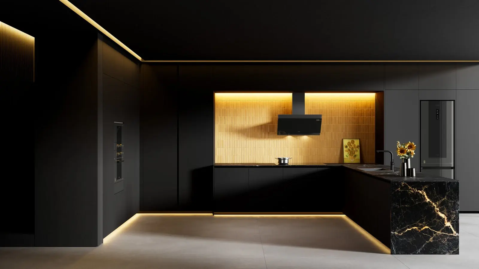 Hota Decorativă Verticală Teka DVT-VG 98660 Ediție Van Gogh Museum, Sticlă Neagră și Oțel Champagne, 900mm, Motor EcoPower, Control Touch, Iluminare LED