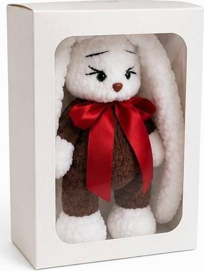 INKA1002 Iepuras de Pluș crosetat Handmade, Jucarie de Pluș. Moale și Pufos, 25 cm, Alb și Maro cu Fundă de Satin Roșie, Cutie de Prezentare Produs, Recomandat pentru copii, Fabricat in Moldova.