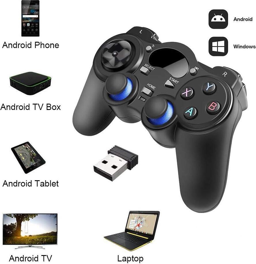 2.4G Wireless Gamepad for PS3 Android PC - Ergonomic Plug-and-Play Controller with USB Receiver, OTG Adapters, Smartphone Holder, 10m Range