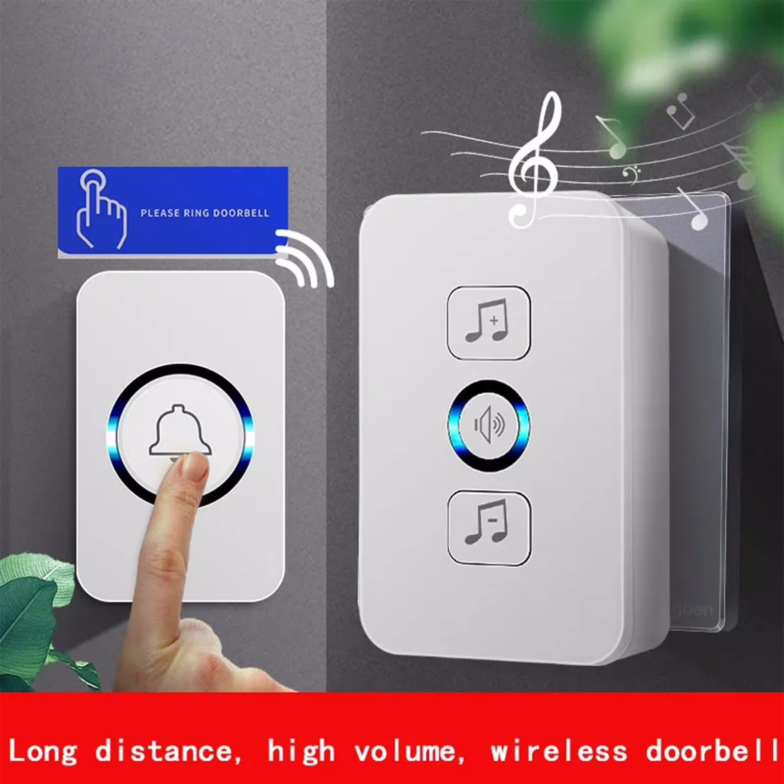 Wireless Doorbell Set with 2 Receivers, 433.92 MHz RF, 62 Polyphonic Melodies, 80dB Max Volume, IP44 Weatherproof, 100m Range, 12V Battery Transmitter, Plug-in Receivers