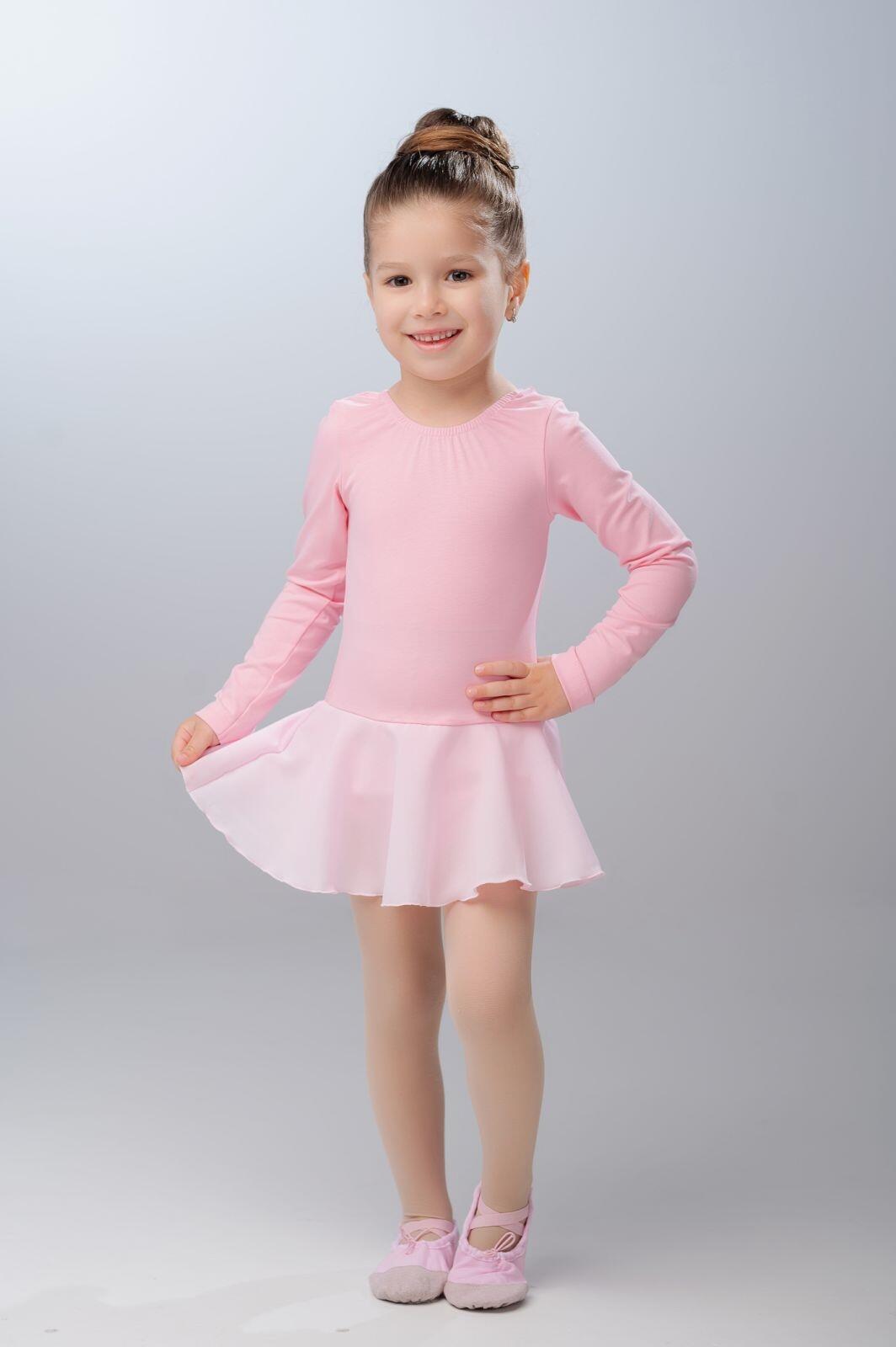 Rochie de dans Globalsportdans Delly pentru antrenament si gimnastica, Roz, corp din bumbac si fusta din sifon, maneca lunga, marime 128-134 cm