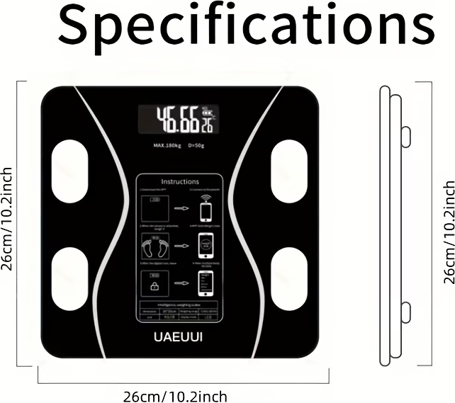 Cantar electronic intel UAEUUI Bluetooth Scale 10, Capacitate 180kg, 12-17 Indicatori de Compozitie Corporala, Sticla Temperata, Negru, Incarcare USB Type-C