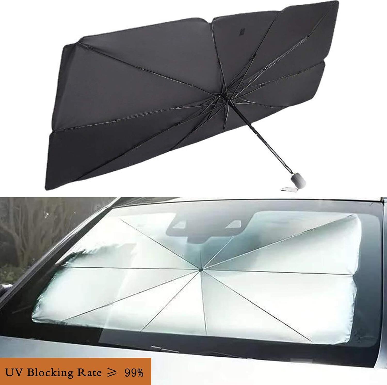 Universal Car Windshield Sun Shade Umbrella - 10-Rib Foldable UV Canopy, Titanium Silver Coating, Trapezoid Fit for Sedans & SUVs, Size: M - 135 x 70 cm, Compact Storage Case