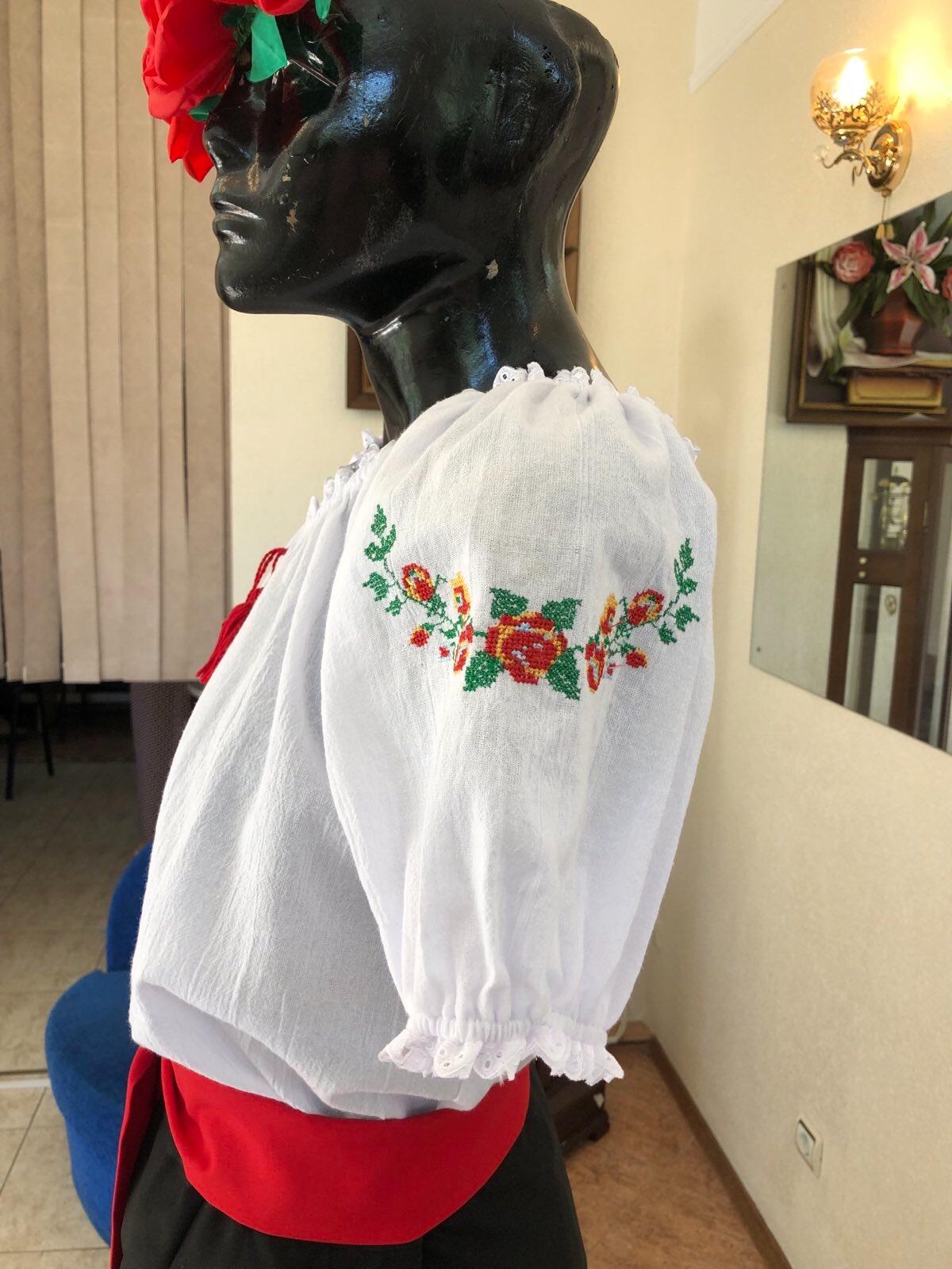 Benefis J 0391(4075) Women's Traditional Moldovan National Blouse, White Natural Cotton with Floral Machine Embroidery and Red Tassel
