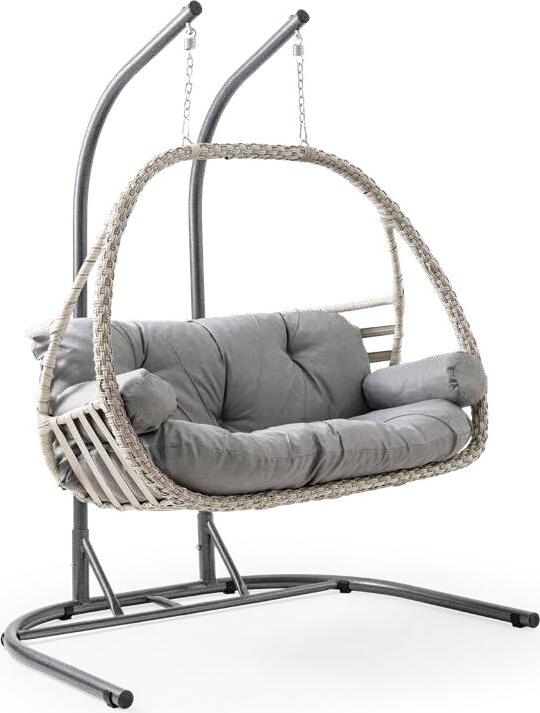Malta Double Egg-Shaped Swing Chair, Brown Rattan Basket with Metal Frame, 2 Person Capacity, Max Load 250kg, 160x115x210 cm, with Soft Cushions