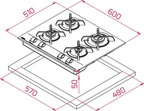 Teka GBC 64000 Gas on Glass Hob, 4 Burners SABAF, Black Tempered Glass, Cast Iron Grids, Auto-ignition & Safety System, 60x51 cm