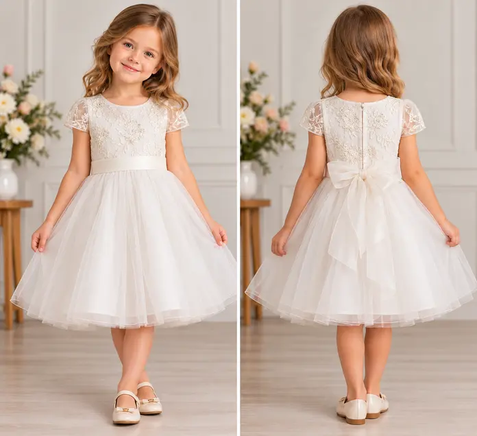Ilette D0417 Girls Festive Dress, 6 Years, White, Hand-Embroidered Bodice, Voluminous Full Circle Tulle Skirt with Organza Bow, Short Sleeves