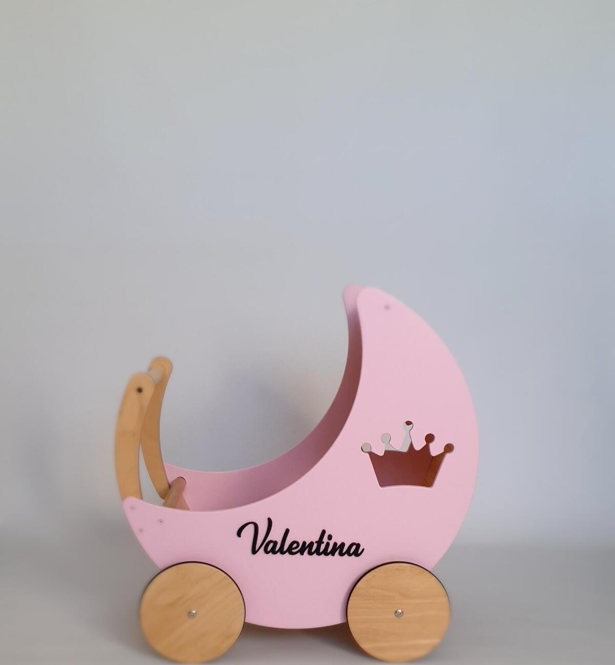 Căruțas pentru Păpuși și Walker din Lemn pentru Bebeluși, Gri, Jucărie de Rol din Lemn Masiv cu Roți cu Cauciuc, Design cu Coroană, Personalizabil cu Nume