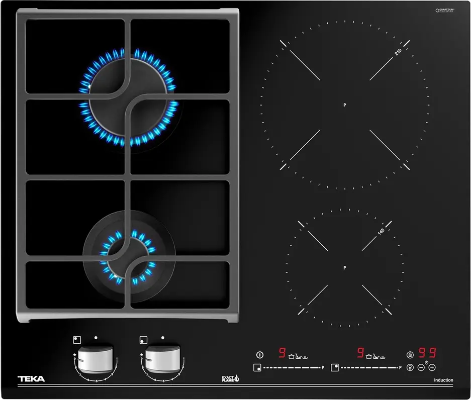 Комбинированная варочная панель Teka JZC 64322 ABN BK, газ на стекле и индукция, 4 конфорки (2 газ + 2 индукция), управление MultiSlider Touch, чугунные решетки