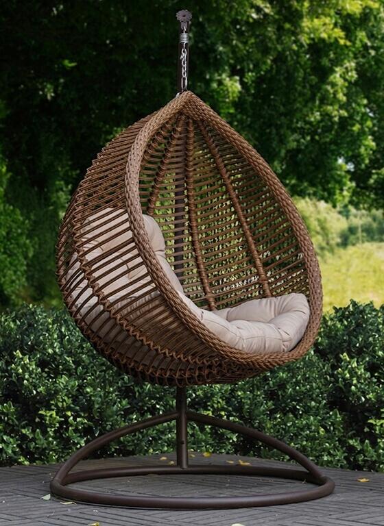 Hanging Egg Chair Rattan Kit Set of 3 with Stand and Brown Pillow, Cedar Color, 1050x730x1200mm, Max Load 110kg, Metal Base Swing