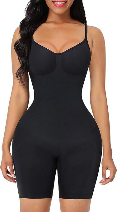 WEIYANI Seamless Shapewear Bodysuit, Knee-Length Bodysuit Dress, Adjustable Straps, 80% Polyamide 15% Elastane, Bust & Hip Support, Breathable Body Shaper, Color: Black, Size: 2XL