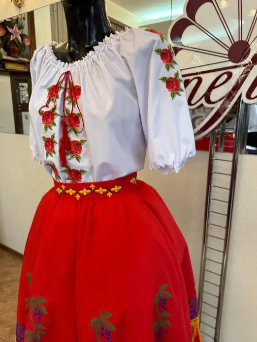 Benefis Moldovan National Traditional Skirt J 0363(4931) for Women, Red Natural Material with Grape and Vine Embroidery in Green, Purple, Yellow, and Blue