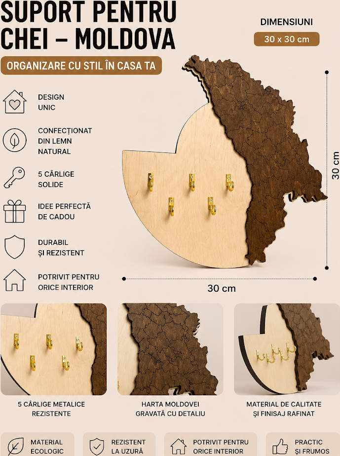 Suport de Chei de Perete Lemica cu Harta Republicii Moldova, Placaj din Lemn Natural, 5 Cârlige Metalice Aurii, 30x30 cm, Design Gravat în Două Straturi