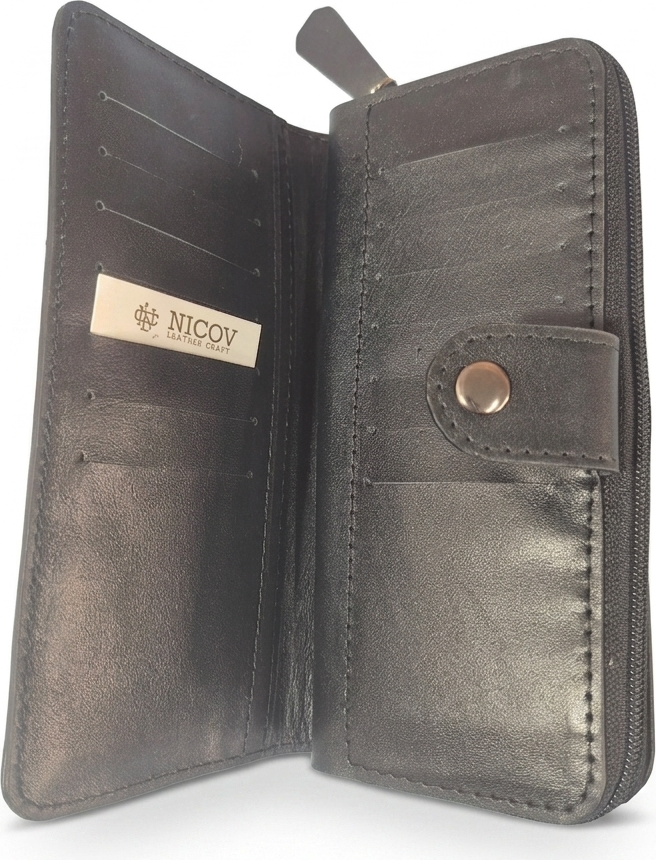 Nicov BIG Large Genuine Leather Wallet, Brown, 5 Banknote Compartments, 14 Card Slots, Zippered Coin Pocket, 20cm x 9cm