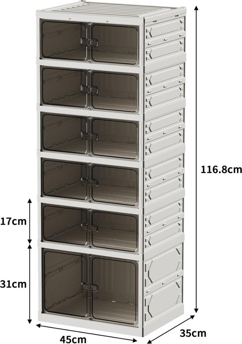 Modular Shoe Cabinet with 6 Compartments, Plastic Storage Organizer with Transparent Doors, 45 x 35 x 116.8 cm, White