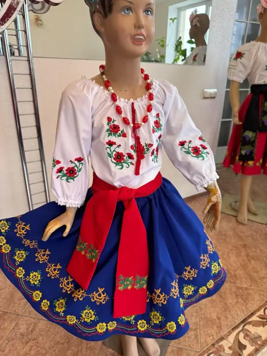 Benefis J 0113 Moldovan National Skirt Set of 2 for Girls, Blue with Floral Embroidery, Natural Materials, includes Tulle Petticoat