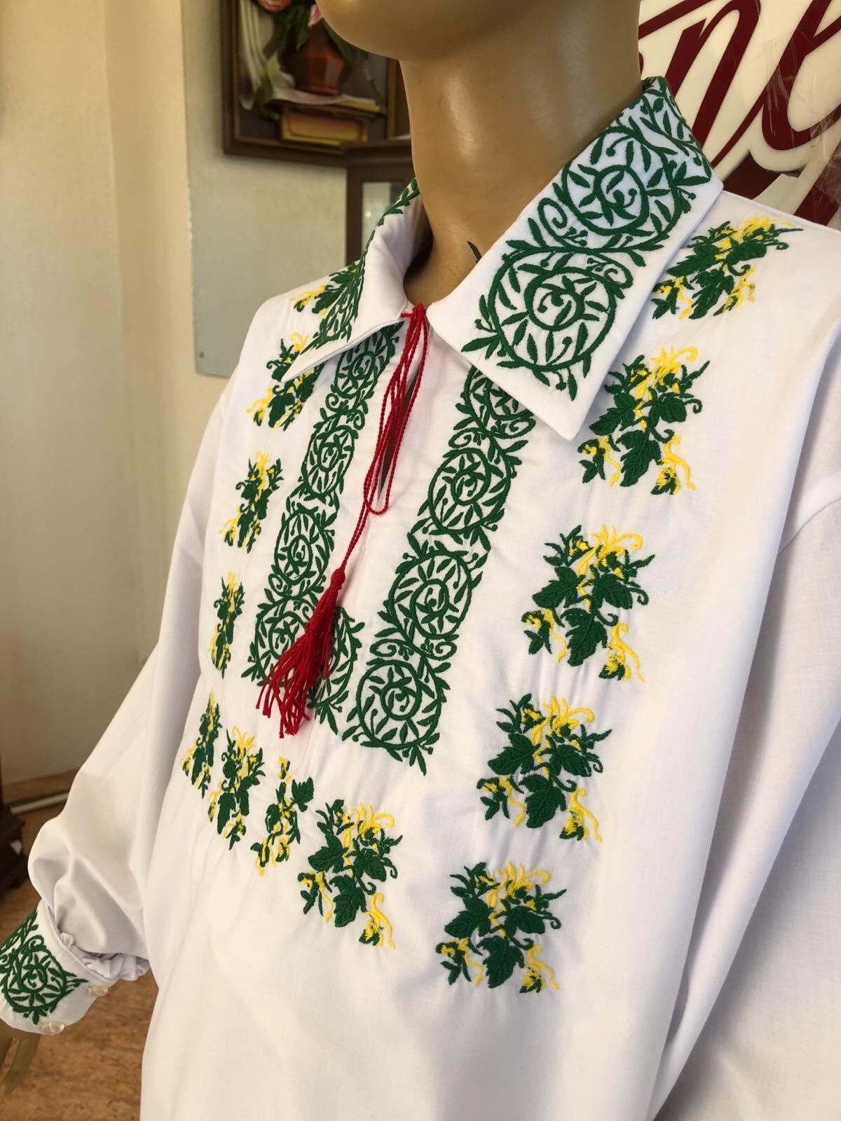 Benefis J 0382(6045) National Moldavian Boy's Shirt, White Magpie Fabric, Long Sleeve with Green and Yellow Machine Embroidery and Red Tassel Tie