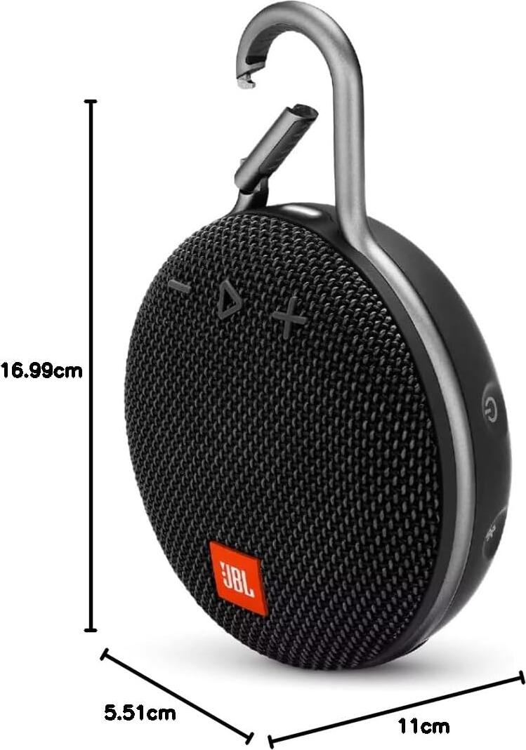 JBL Clip 3 Portable Bluetooth Speaker, IPX7 Waterproof, 10h Battery Life, Integrated Carabiner, Built-in Mic, 3.3W RMS, Black