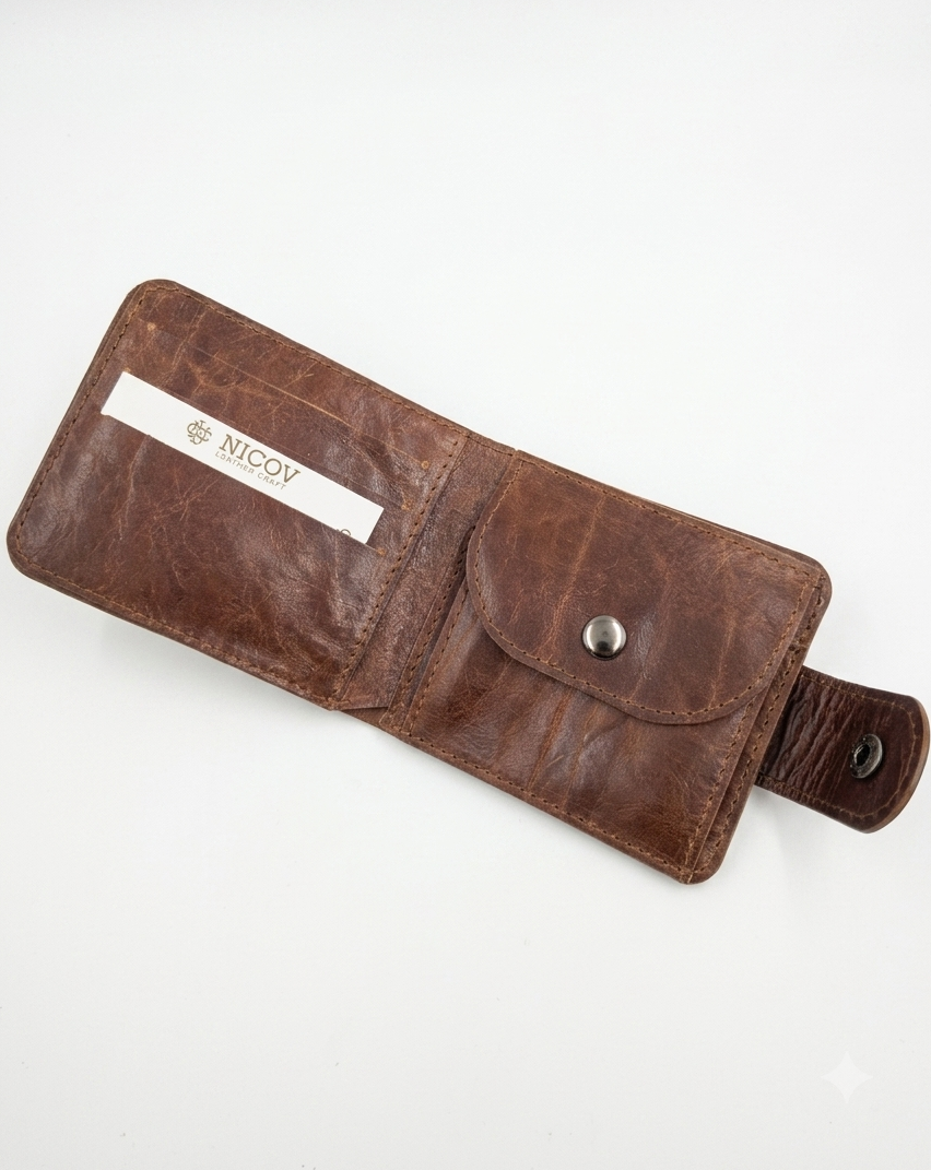 NICOV Classic MAXI Wallet in Natural Leather, Handmade in Moldova, 2 Banknote Compartments, 8 Card Slots, Money Pocket, 11.5 x 10 cm - Brown