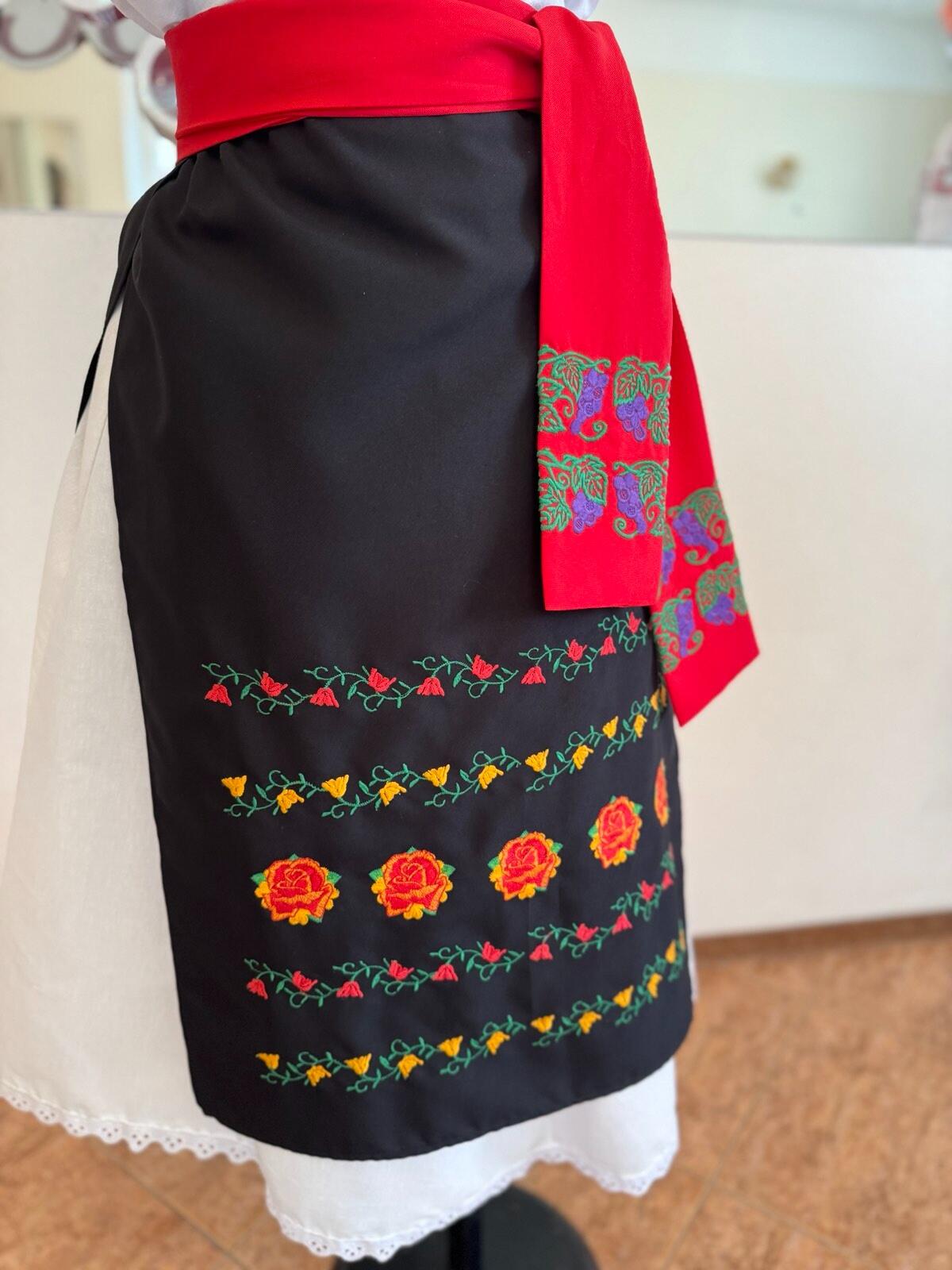 Fustă Națională Moldovenească Benefis J 0150, din Material Natural Negru cu Broderie Florală Mecanică Roșu Galben Verde, Costum Popular