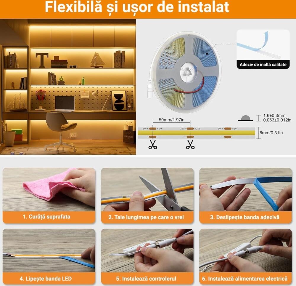 ProLed Kit COB LED Strip 5M, 4200K Neutral White, 24V, CRI 90+, Smart App Control, Music Sync, Dimmable, Seamless High Density Linear Lighting