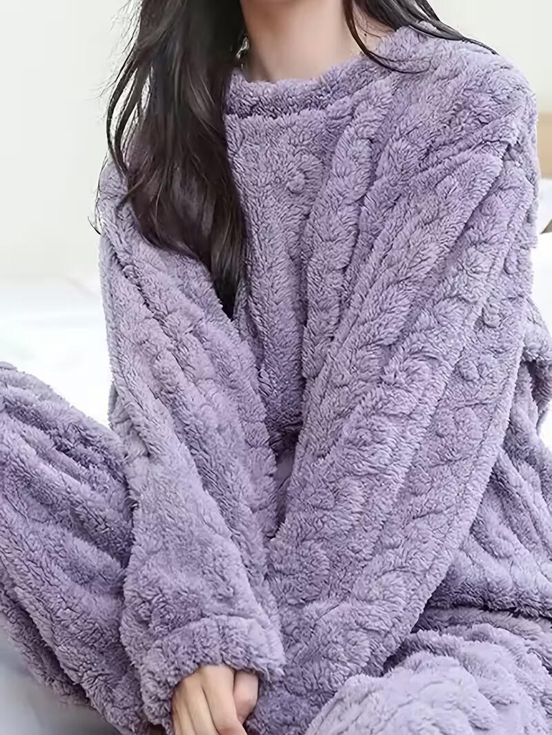 Set de pijamale din fleece pentru femei SANWOOD, violet, calduros, moale, cu mânecă lungă și pantaloni de lungime întreagă, haine de iarnă, haine de noapte