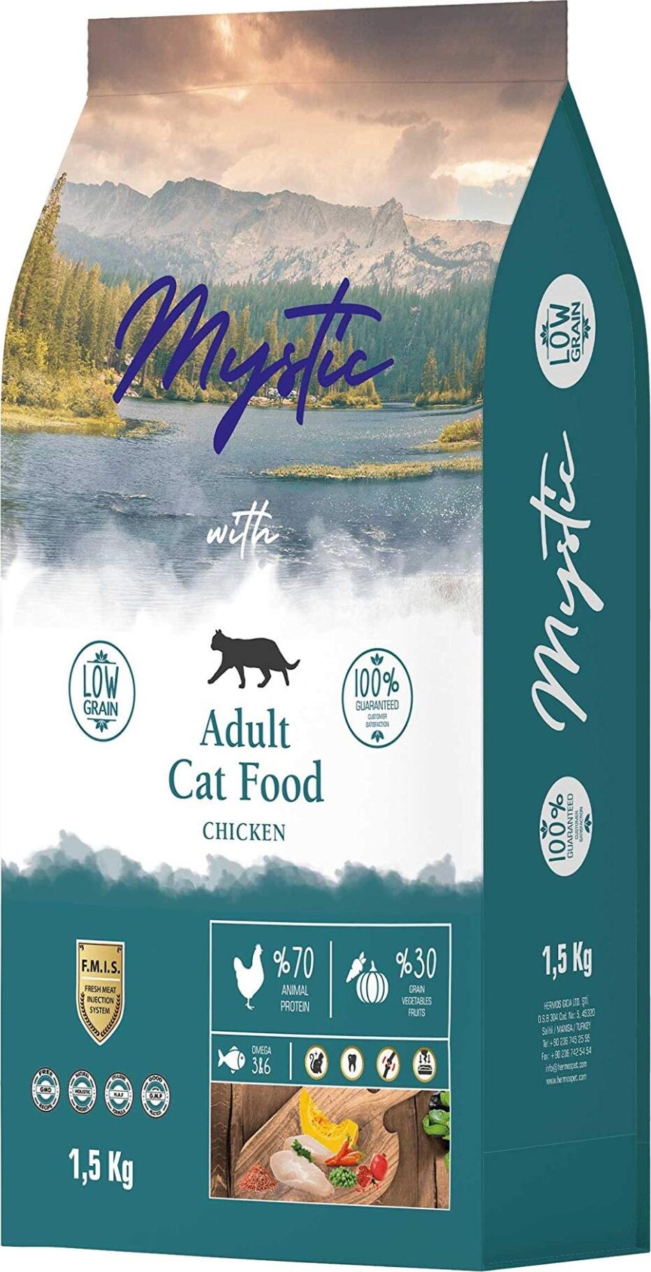 Корм для взрослых кошек Mystic Adult Cat Food Chicken Low Grain Super Premium, сухой полноценный корм, 15 кг, технология FMIS, 70% белков животных