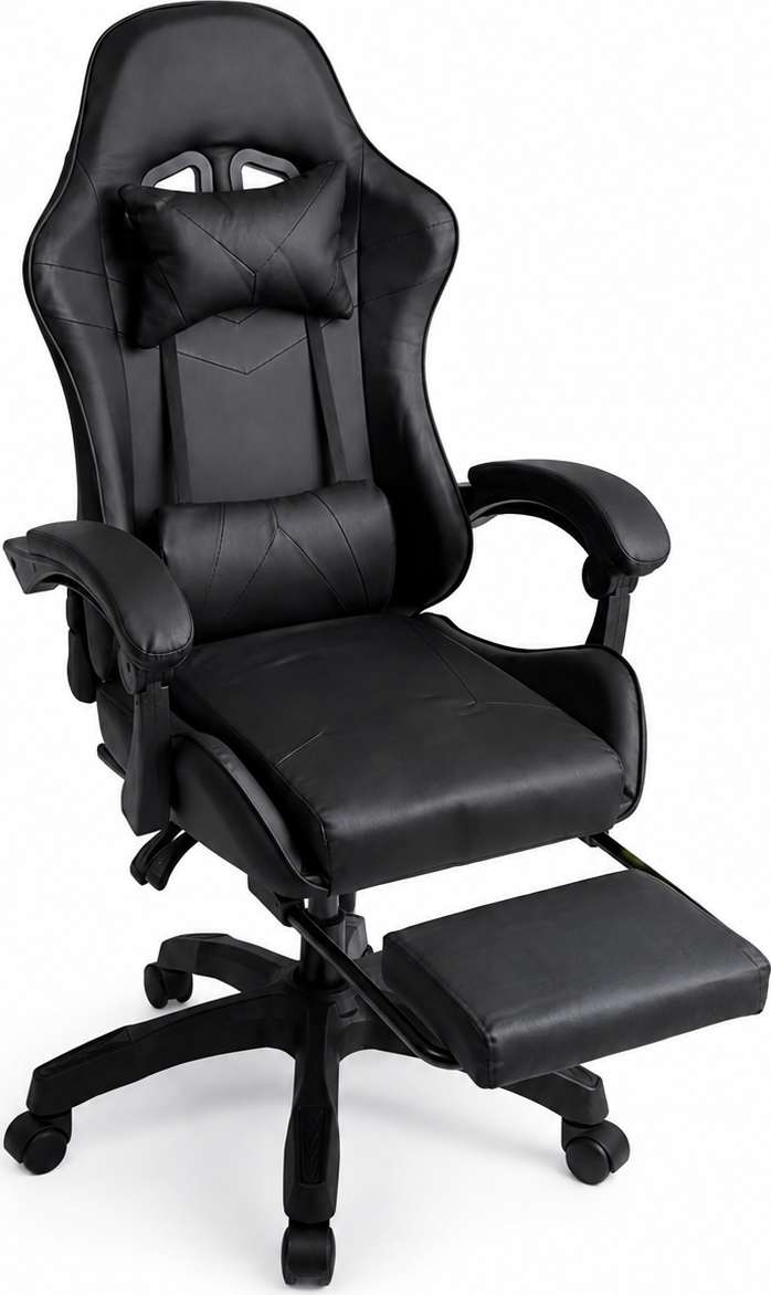 Ergonomic Gaming Office Chair, Black, with Retractable Footrest, Racing-Style Bucket Seat, Removable Headrest and Lumbar Support Pillows, 5-Star Swivel Base