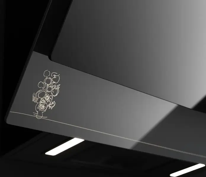 Hota Decorativă Verticală Teka DVT-VG 98660 Ediție Van Gogh Museum, Sticlă Neagră și Oțel Champagne, 900mm, Motor EcoPower, Control Touch, Iluminare LED