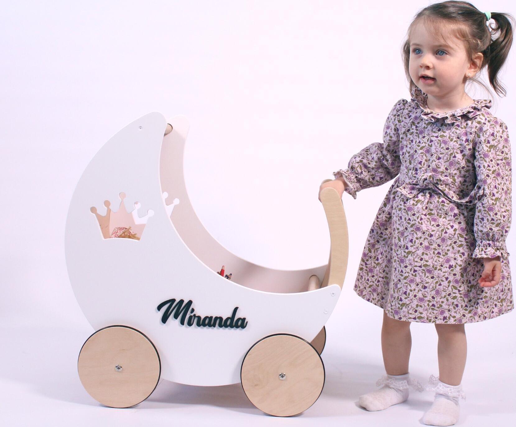 Căruțas pentru Păpuși și Walker din Lemn pentru Bebeluși, Gri, Jucărie de Rol din Lemn Masiv cu Roți cu Cauciuc, Design cu Coroană, Personalizabil cu Nume