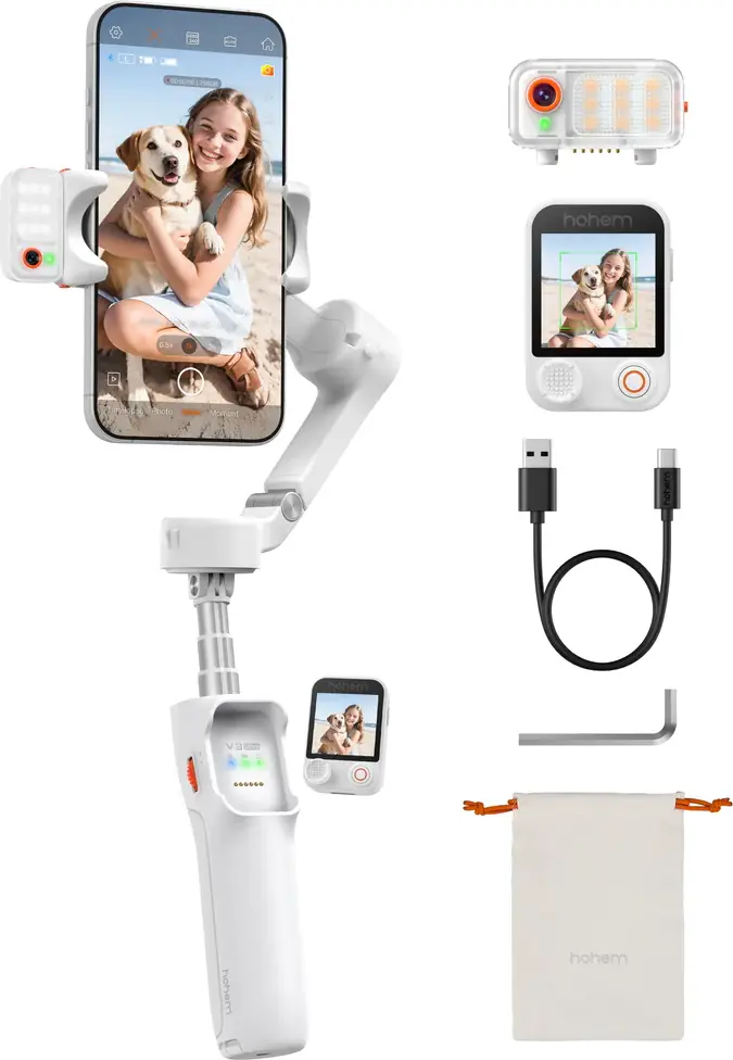 Hohem iSteady V3 Ultra 3-Axis Smartphone Gimbal Stabilizer with Detachable Touchscreen Remote, AI Tracking, Fill Light and Extension Rod - Arctic White