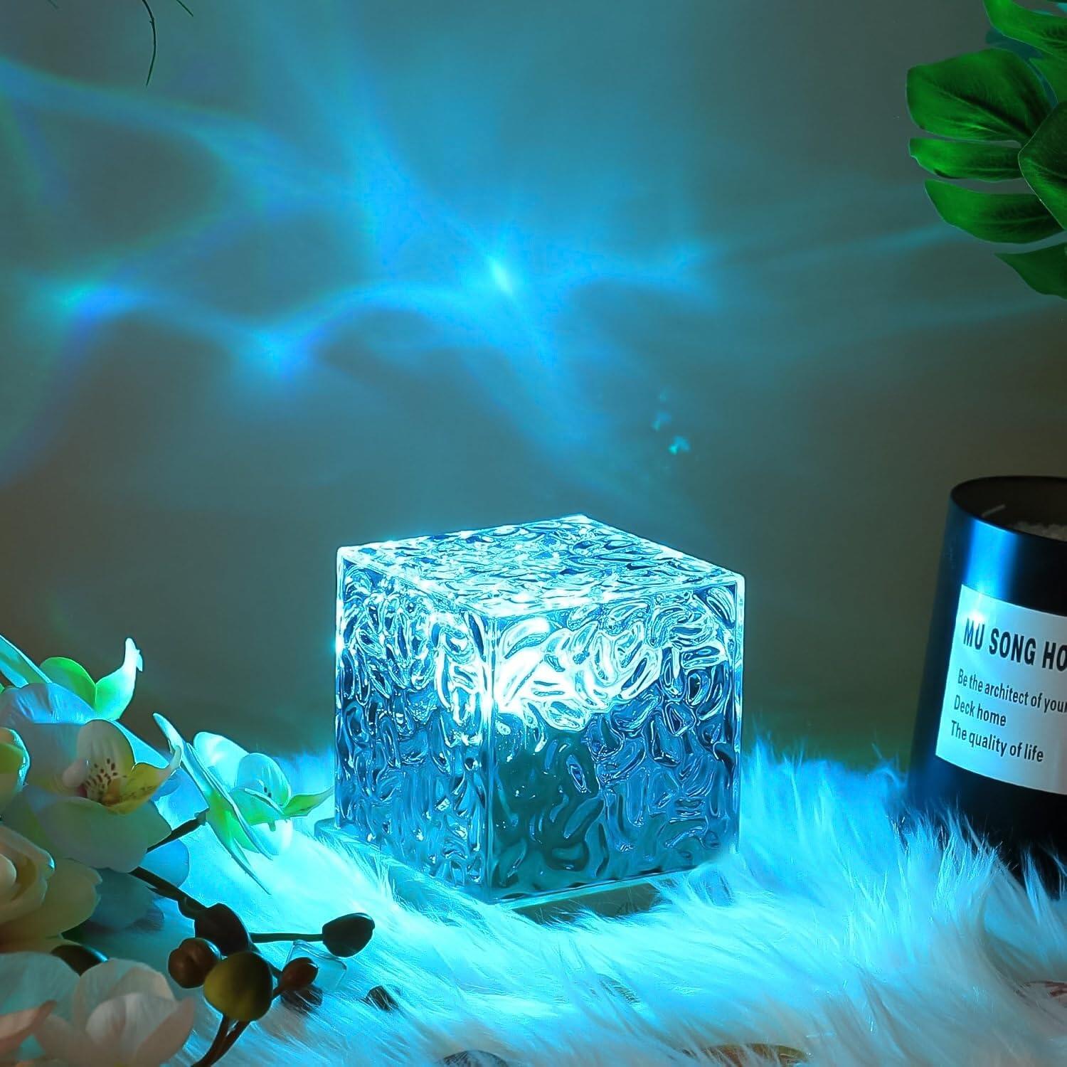 Cube Northern Lights Night Light Projector, 16 RGB Colors, Aurora & Water Ripple Effect, Crystal Acrylic LED Lamp, Remote Control, USB Rechargeable